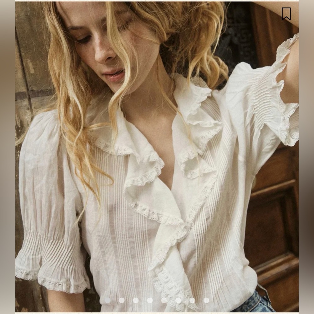 Doen Henri White Ruffled Front Button Women's Blouse